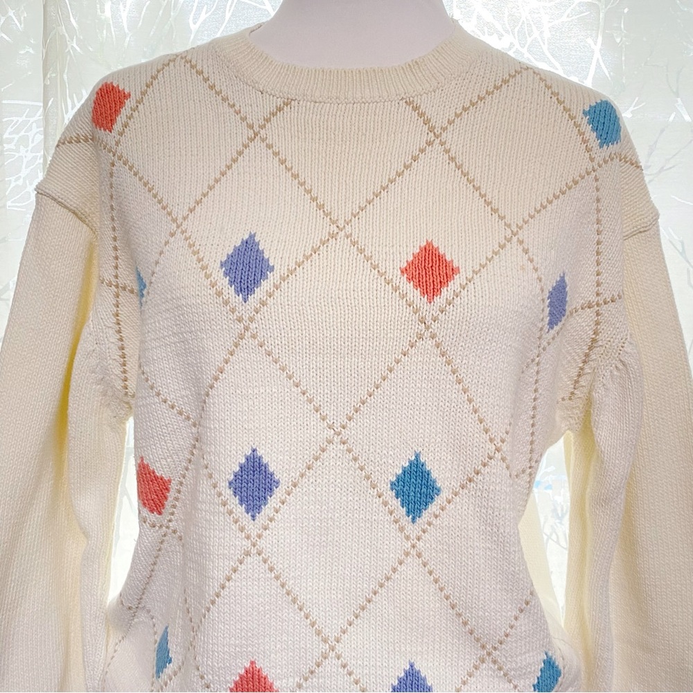 Vintage Pringle of Scotland cream white blue argyle diamond print knit sweater - Picture 2 of 6
